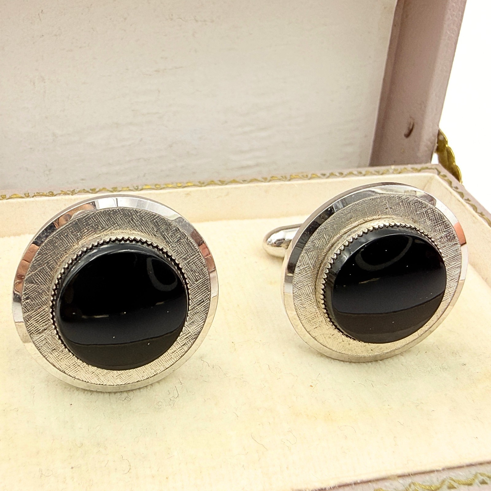 Hadley Signed MCM Round Black Glass “Mad Men” Era Textured Cufflinks