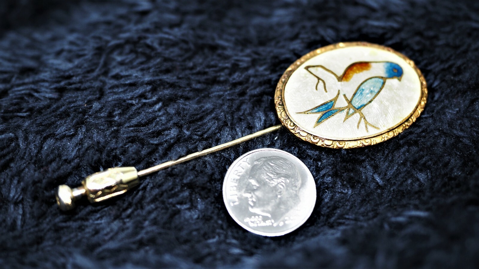 Victorian -(1/20)12 KT Gold Filled -Stick Pin- Enamel Bird -with “Hold On” Clasp