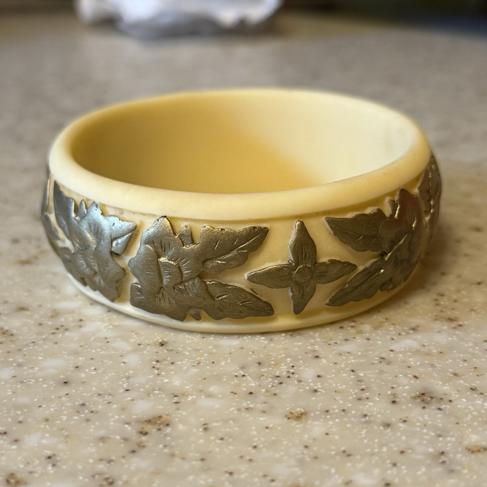 French Ivory? Celluloid Bangle Carved Floral Rose Motif Matte Finish Circa 1920?