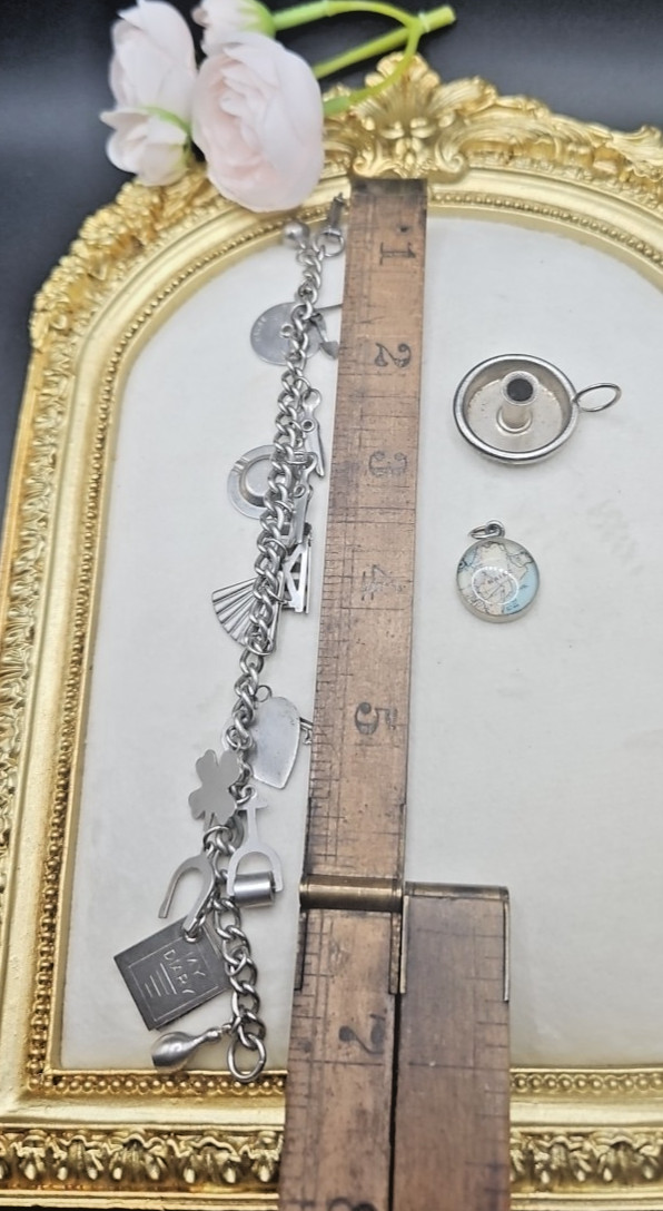 Coro Charm Bracelet Silvertone Vintage 7.25 In 70s 80s Truth Spinner Scissors