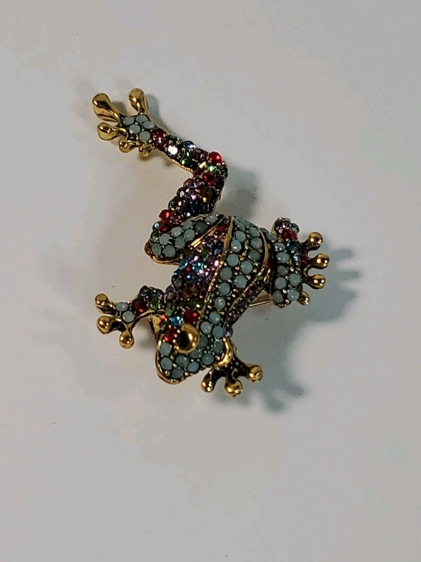 Jumping Frog Colorful Rhinestone Enamel Gold Tone Brooch Pin Jewelry 1.5″ X 2″