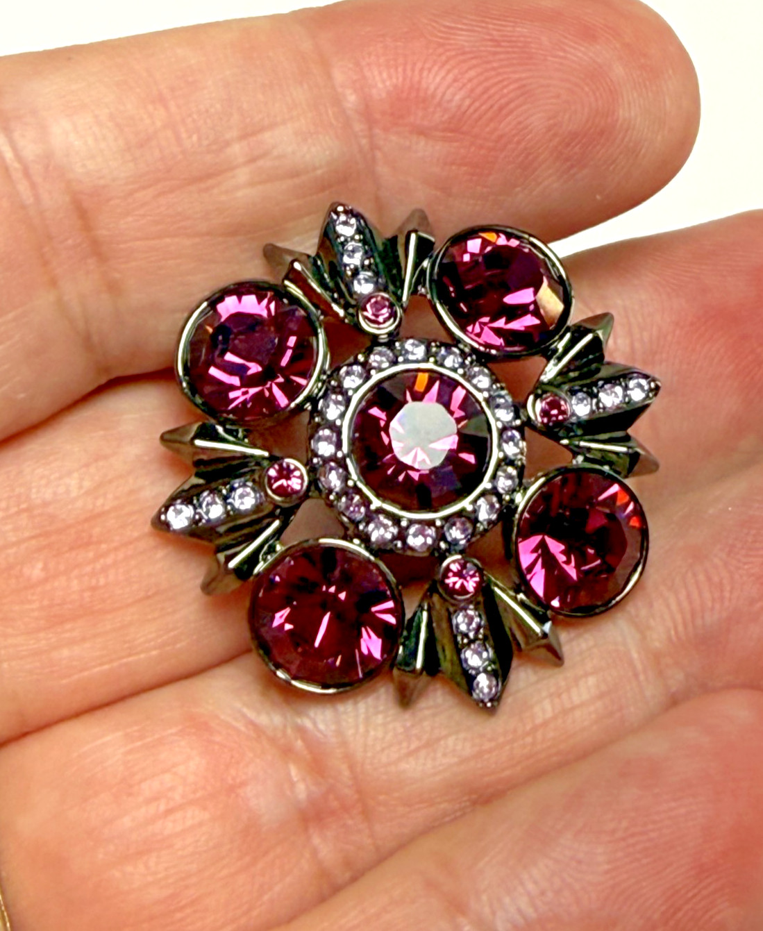 Signed Givenchy Brooch Dark Purple & Pink Rhinestone Crystals Gunmetal Starburst