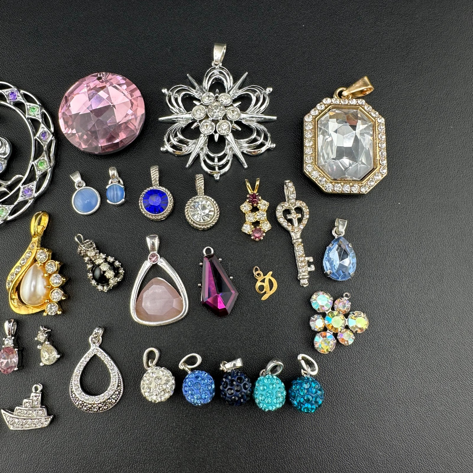Vintage to Now Crystal Rhinestone Pendant Charm Lot of 28 Silver Gold Tone Mix