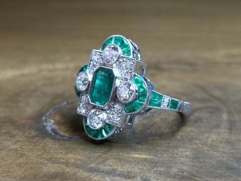 French Art Deco Style Vivid Green Emerald With Shiny White CZ 2.78TCW Fine Ring