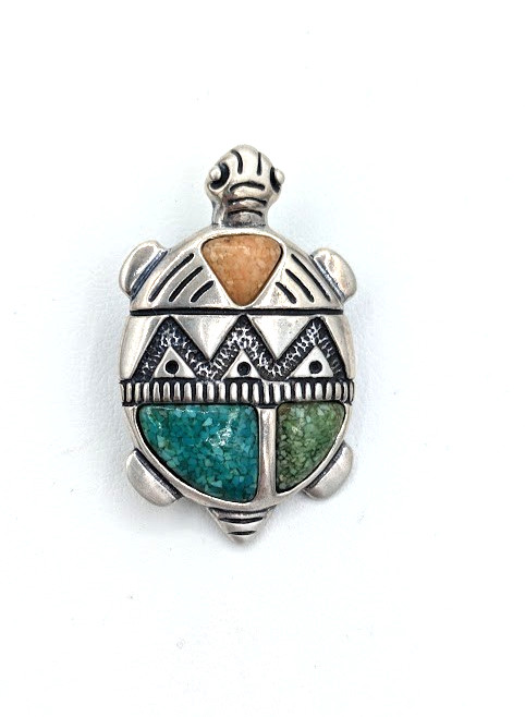 Vintage Turtle Pin CAROLYN POLLACK Sterling Turquoise Inlay Pendant