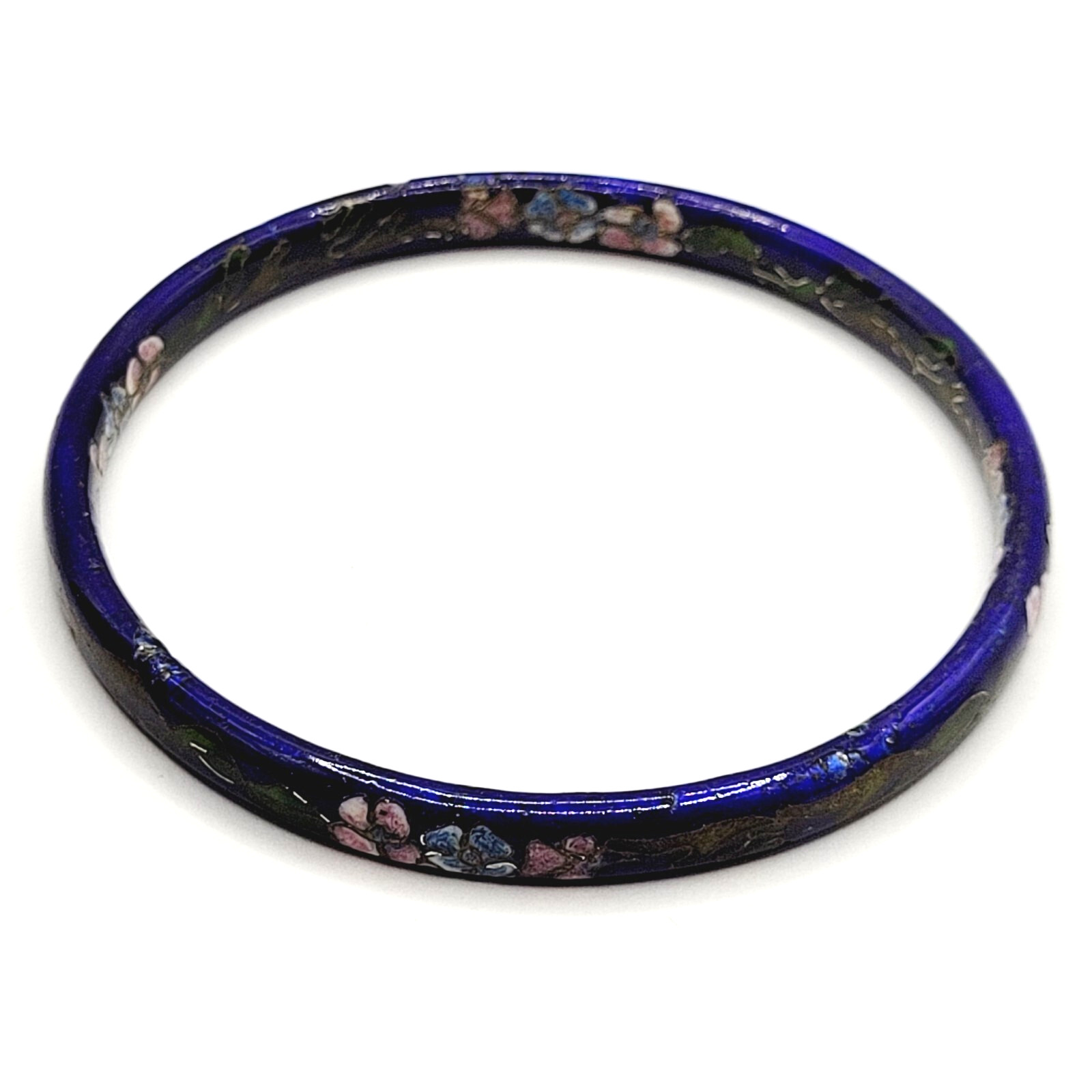 Cloisonné Asian Inspired Dark Cobalt Blue Floral Hand Painted Bangle Bracelet