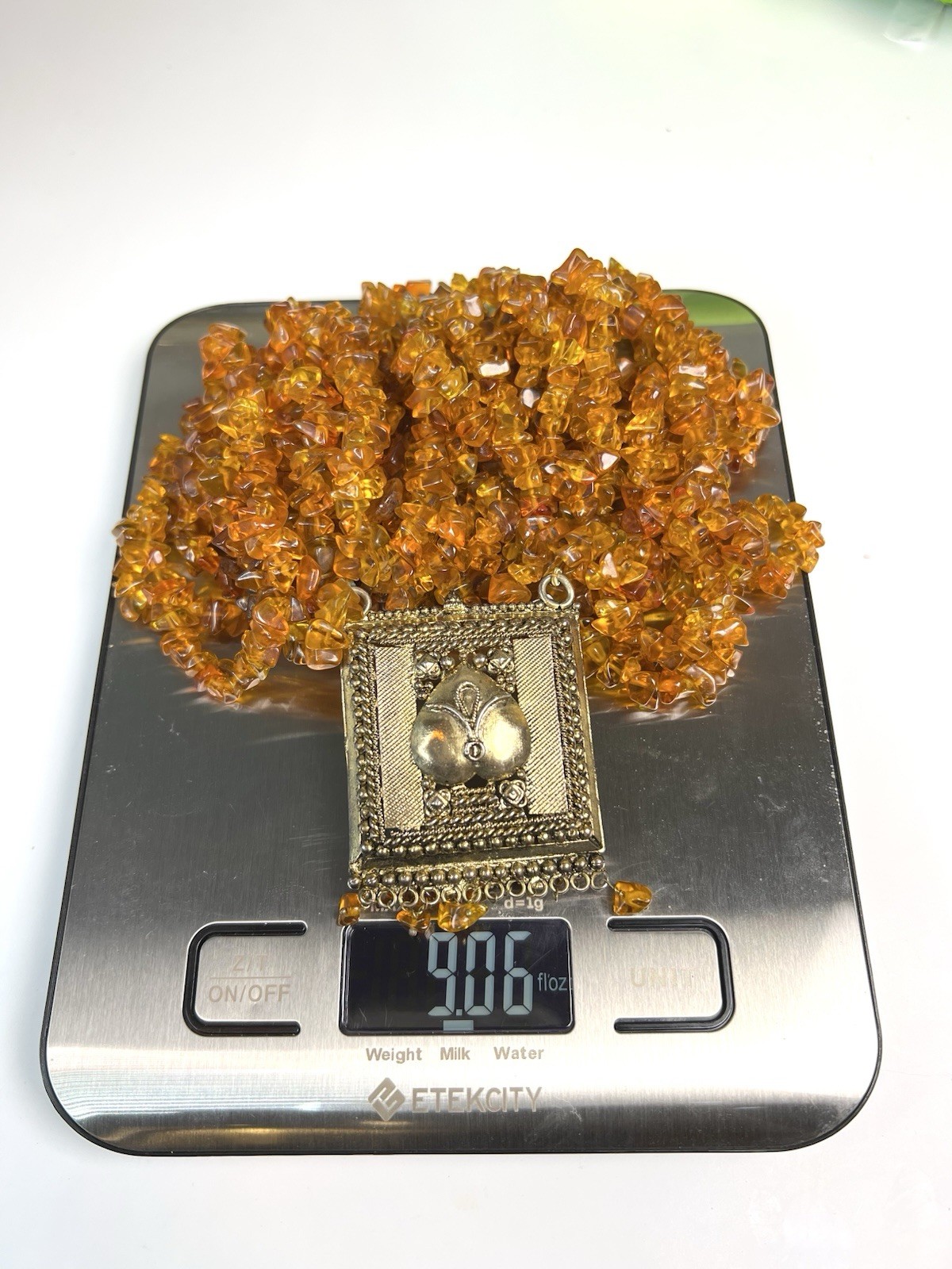Vintage Amber Tone Glass Chip Multi Strand Necklace Artisan Pendant Heavy 9oz