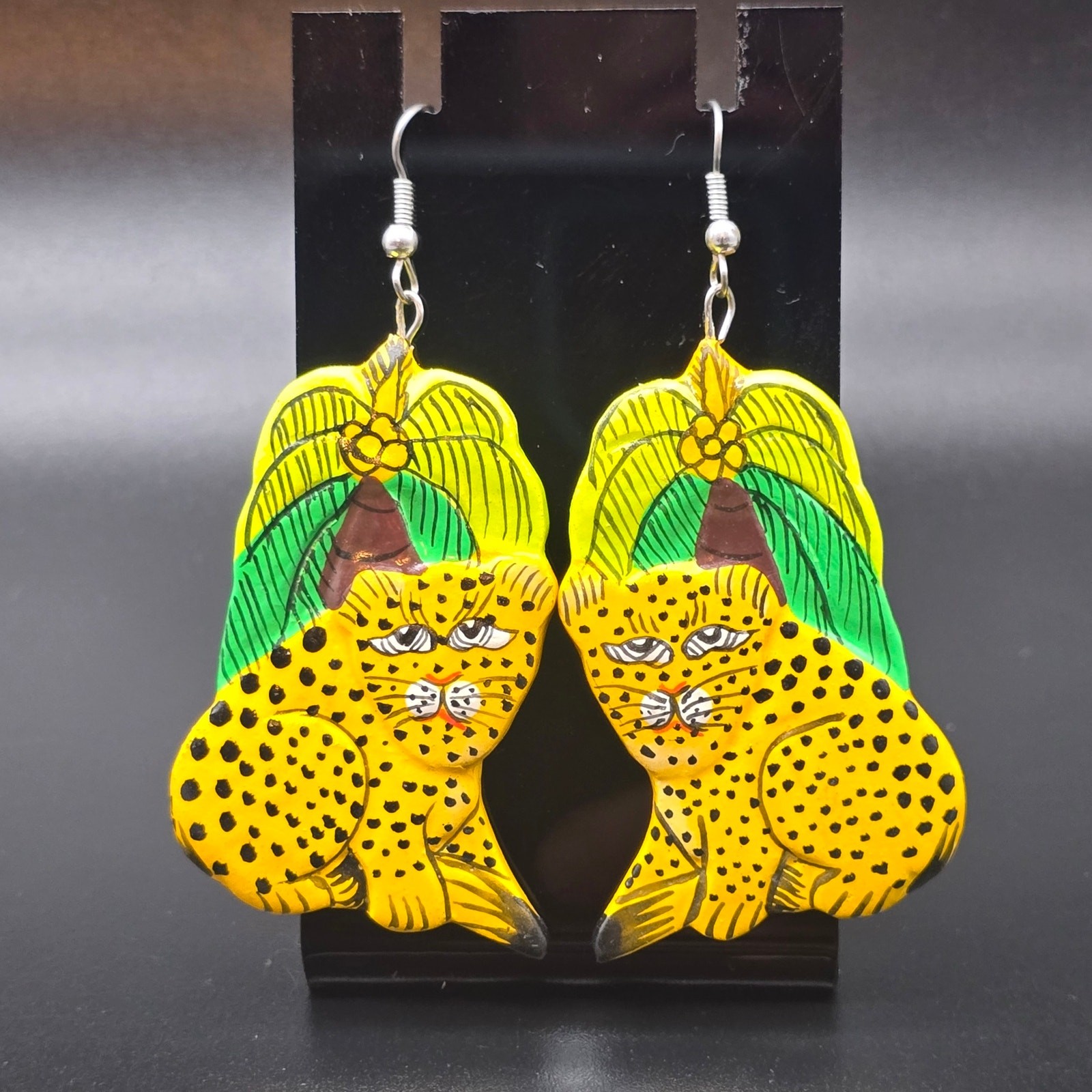 Hand Painted Wood Leopard Cheetah Earrings Safari Vintage 1980s