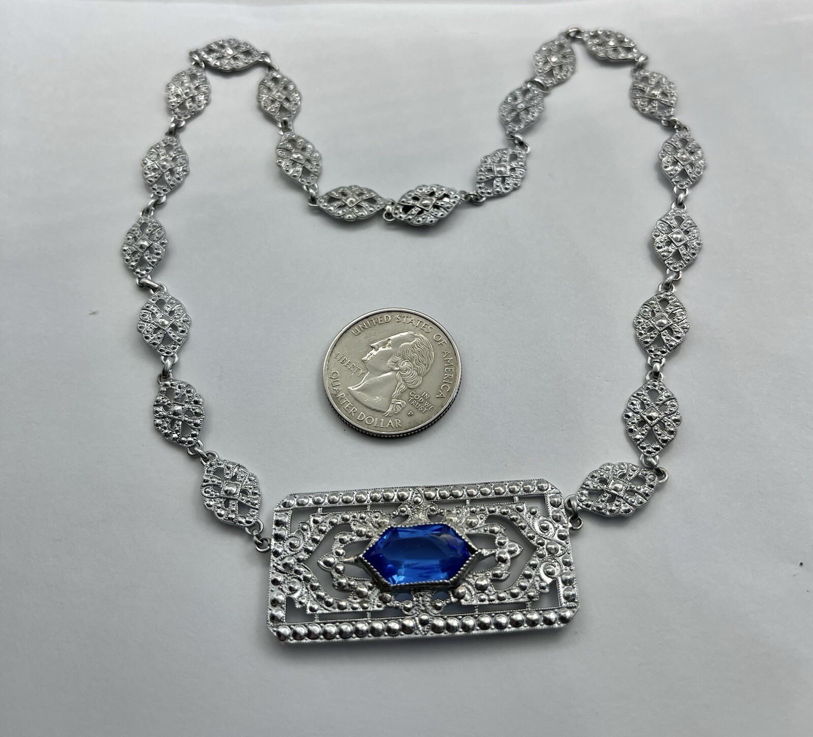 Antique Art Deco Blue Lozenge Shape Plaque Rhodium Plated Sterling Necklace