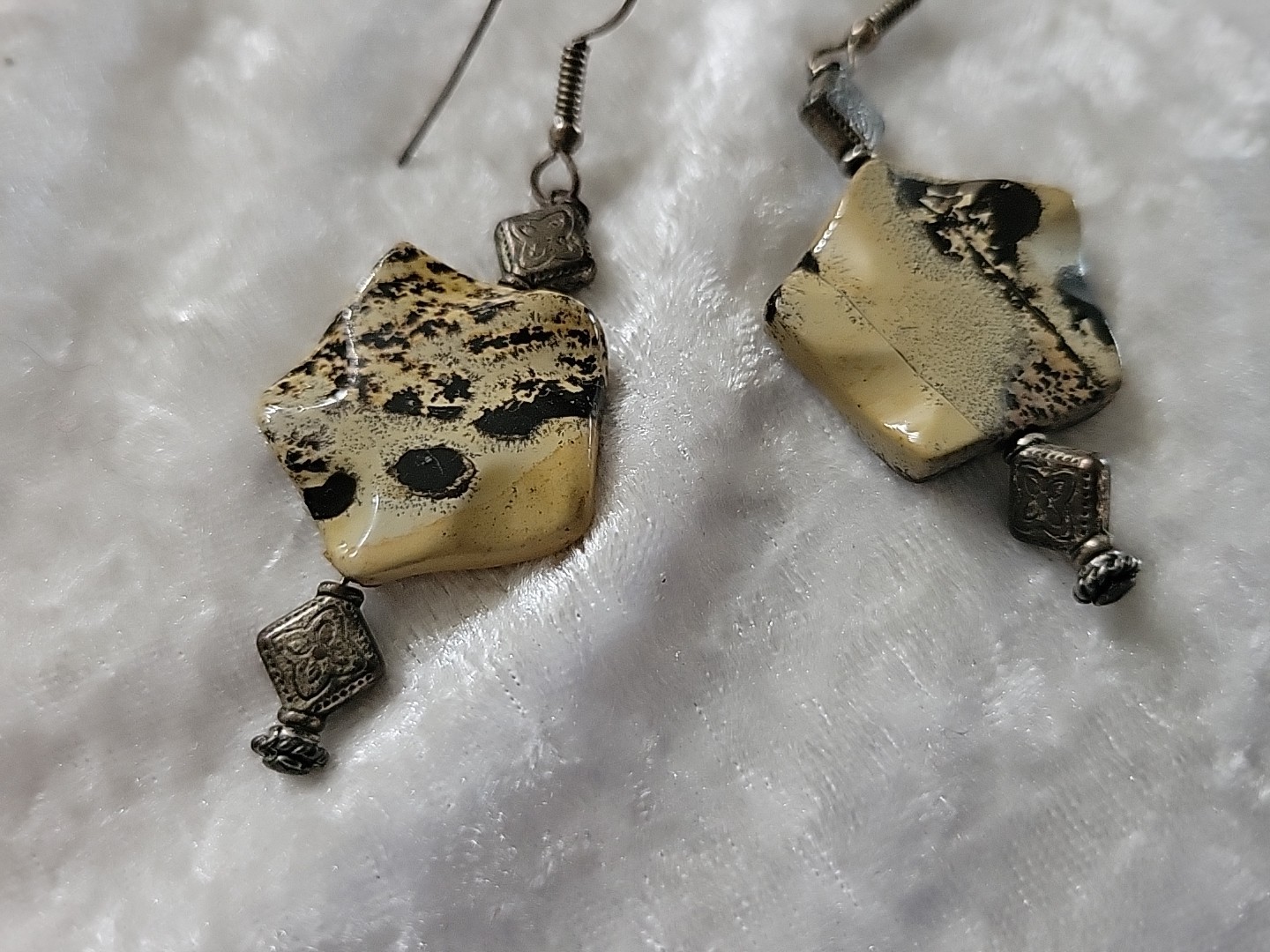 Vtg Silver Jasper Pierced Dangle Hook Earrings