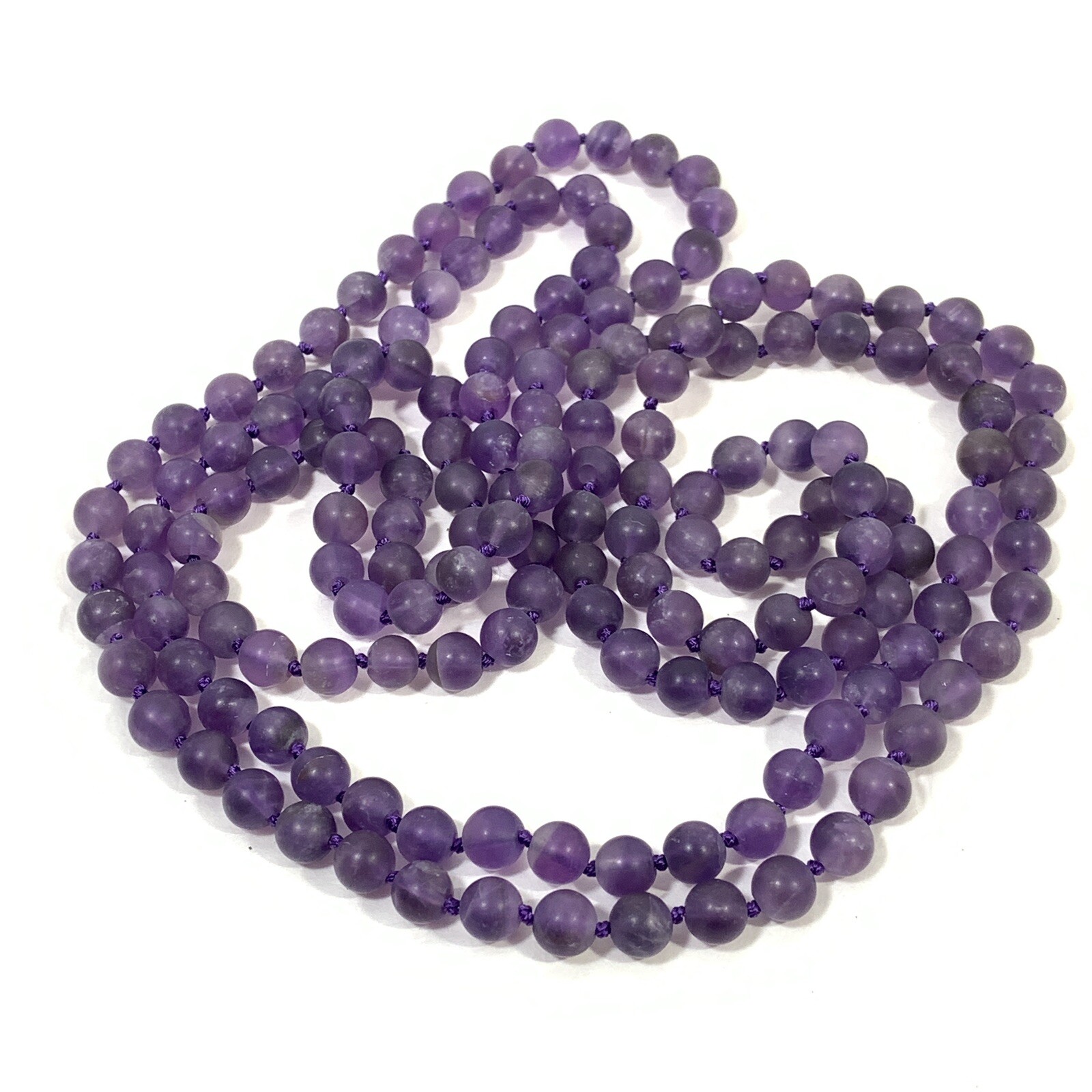 VTG Purple Amethyst Frosted Glass Bead Necklace Hand Knotted 63″ No Clasp 7mm