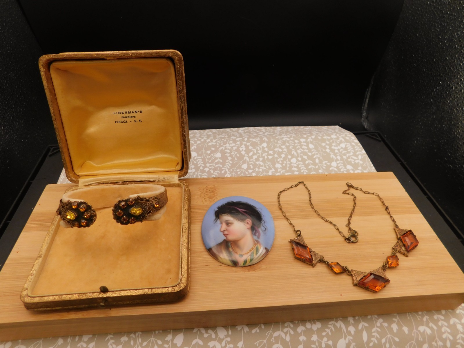 ART Deco jewelry lot Ornate bracelet Brass & glass topaz color necklace Portrait