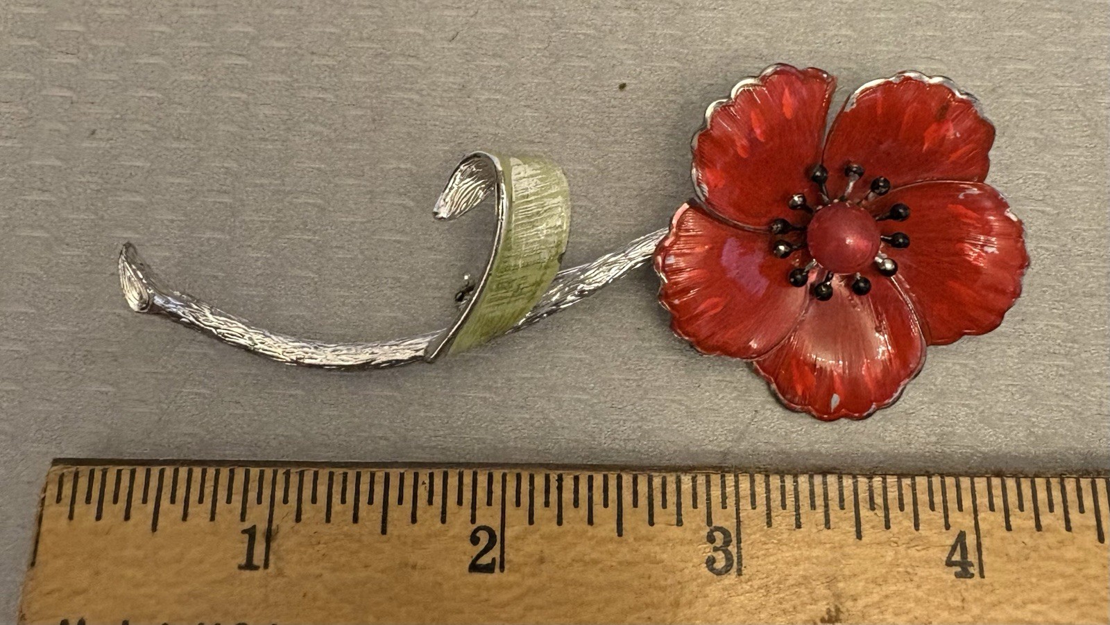Vintage 60s Enamel Flower Power Brooch Long Stem Red Poppy Silvertone 4.25″