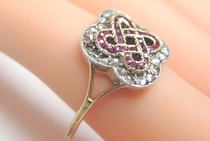 Victorian Art Deco Diamond Ruby 18K Yellow Gold Ring Size 9 UK-R1/2 Fine