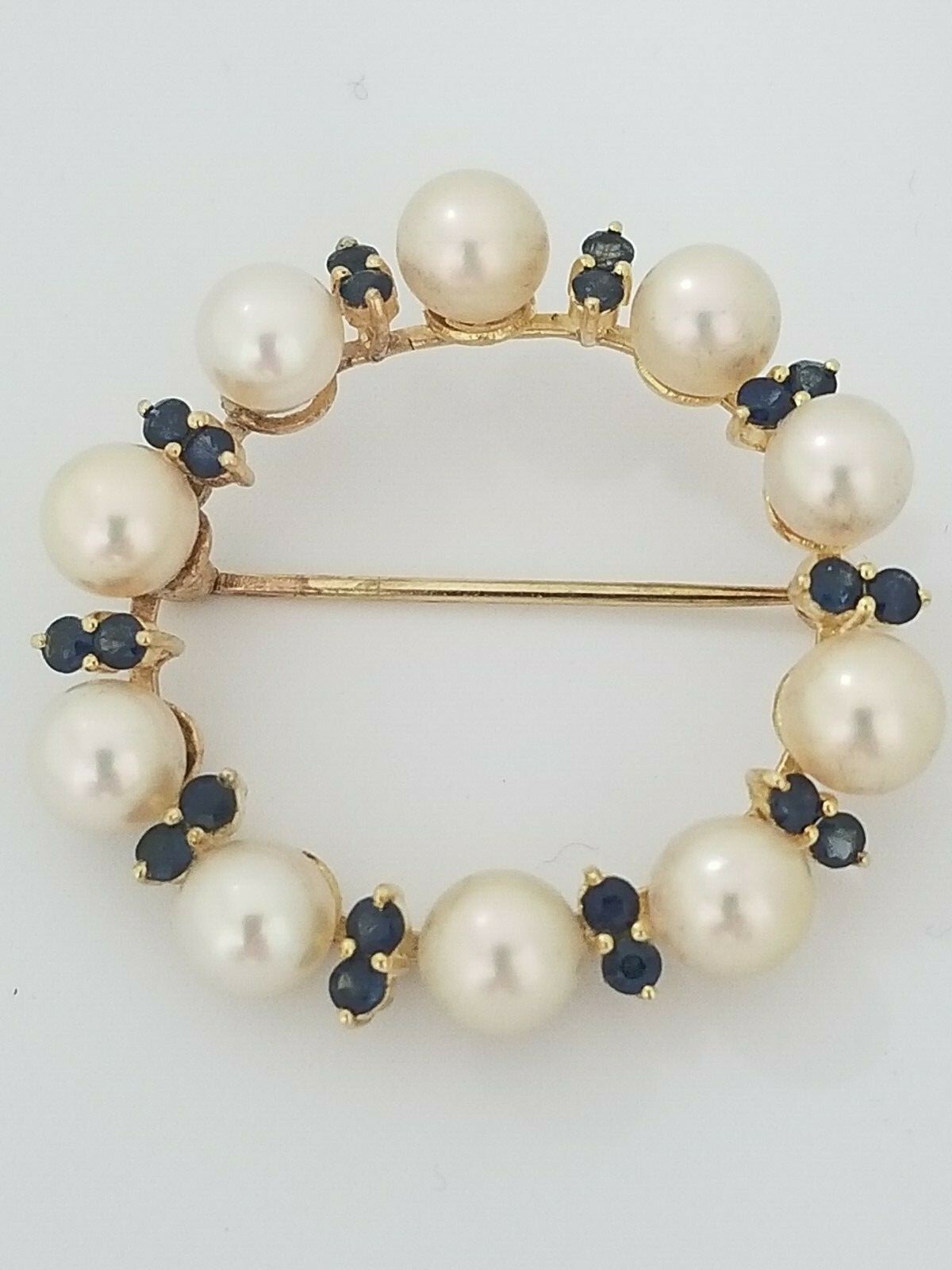 Vintage Antique 14k Yellow Gold Pearl And Blue Sapphire Brooch Pin 39 mm Round