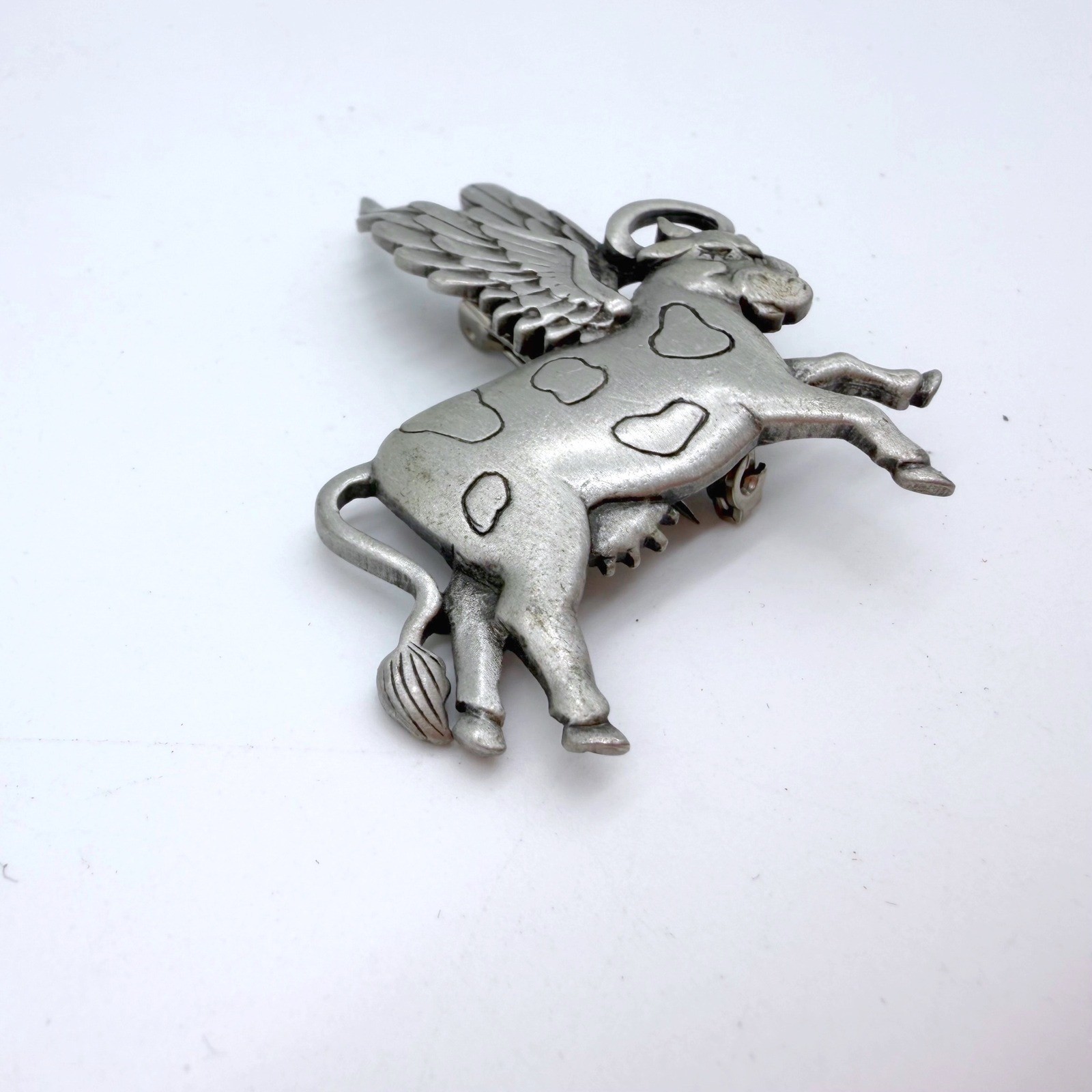 Brooch Flying Cow Signed JJ Vintage Pin Angel Wings & Halo Gold Tone