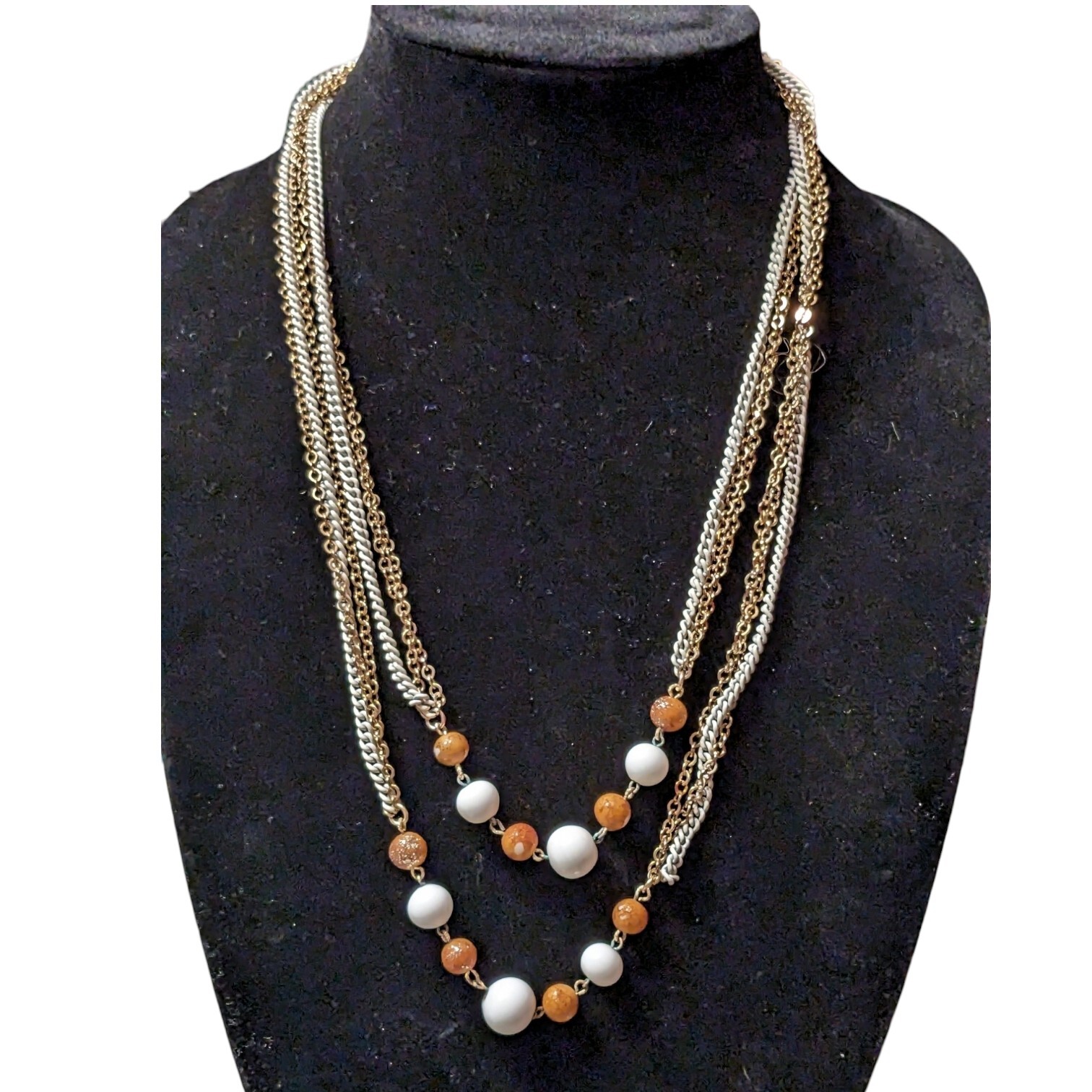 Gold Tone And White Chain 49″ Orange And Cream Bead Stations Necklace Or Belt