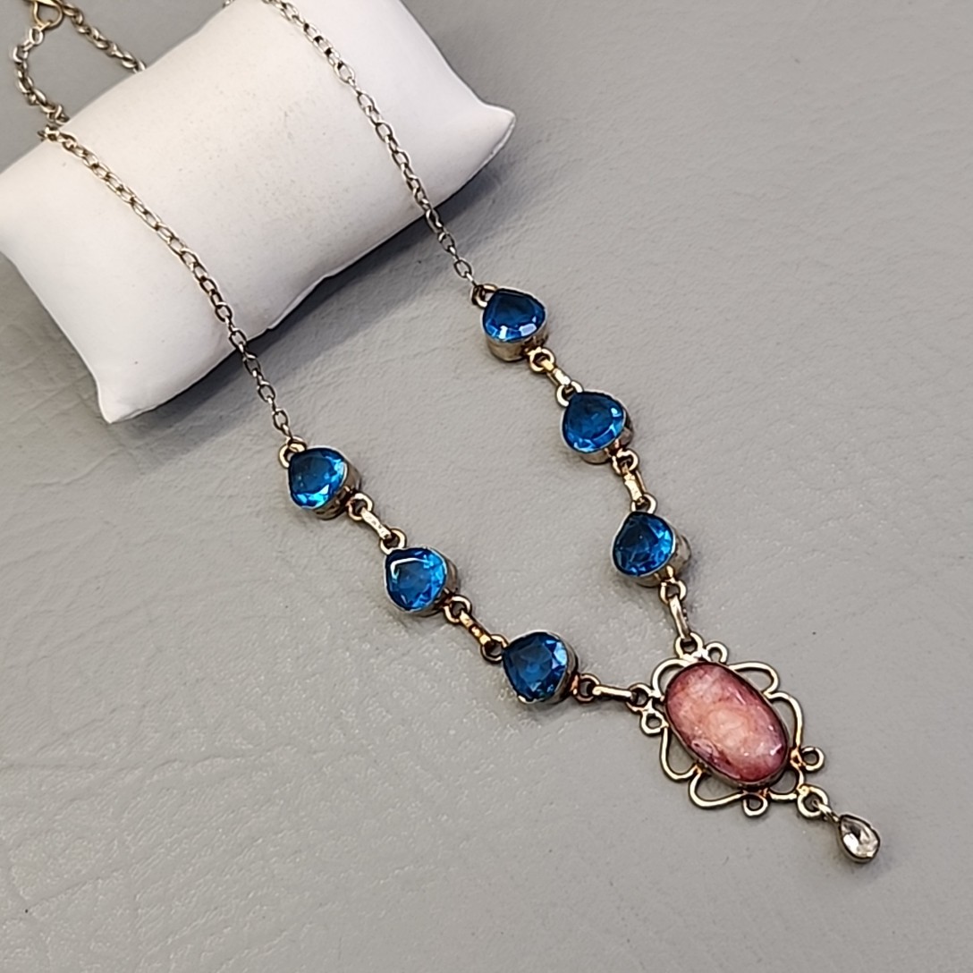 Vintage Glass Bead Necklace Blue Beads Pink Quartz Artisan Silver Tone 18.75″