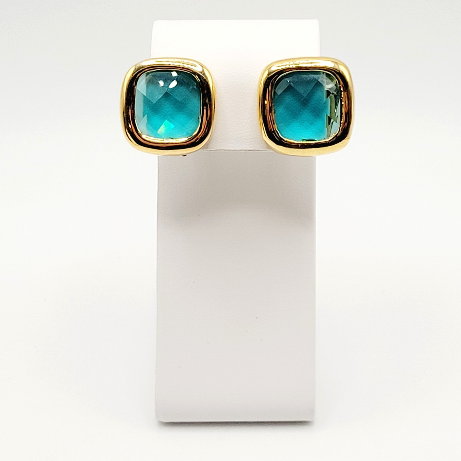 Aqua Light Blue Green Faceted Glass Soft Square Gold Tone Bezel Clip On Earrings