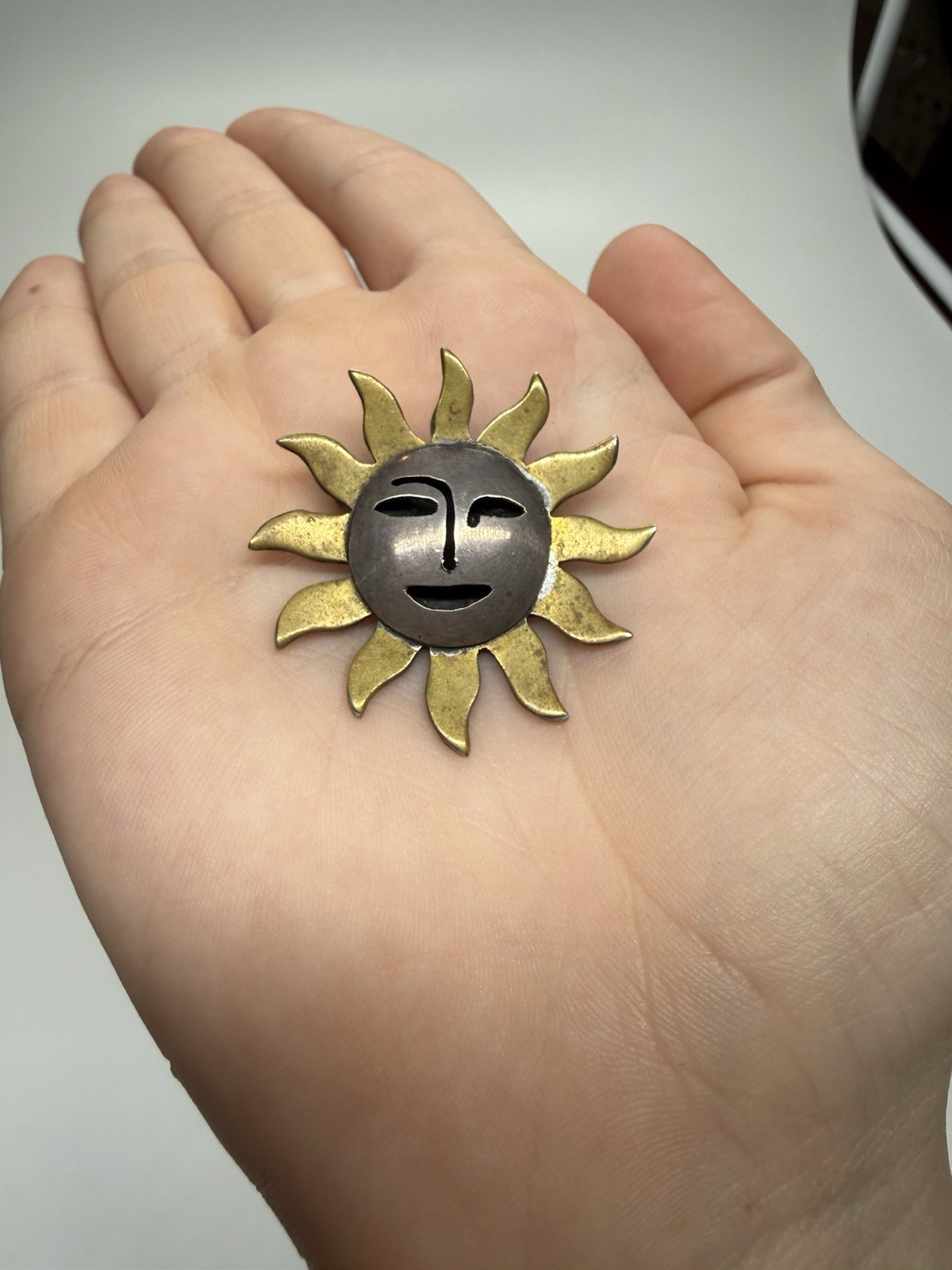 Vintage Mexico 925 Sterling Silver Sun Face Brooch Pin Mixed Metal Artisan