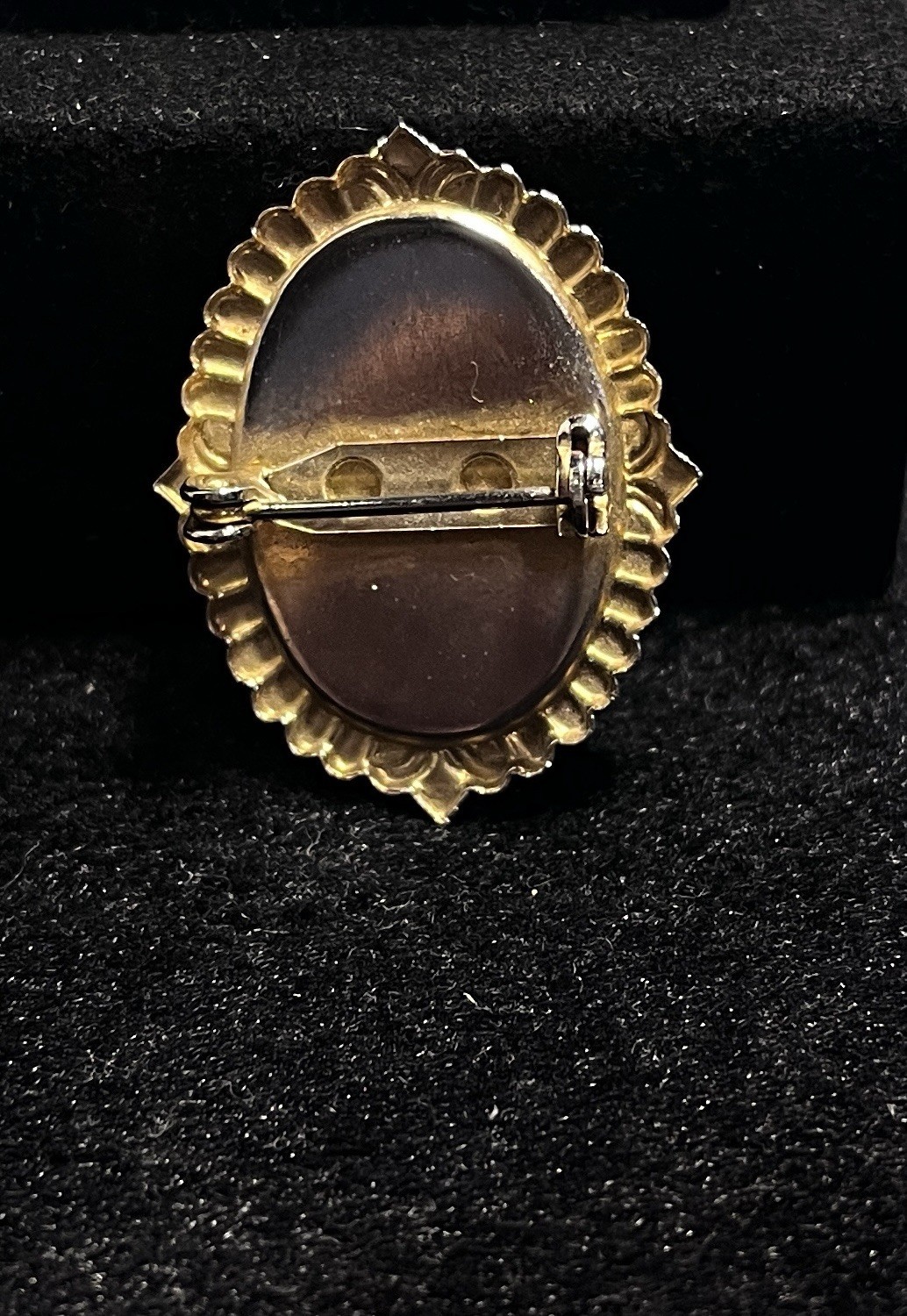 Oval Cameo Brooch Orange Cream Gold Tone Plastic Lady Profile Beauty Theme