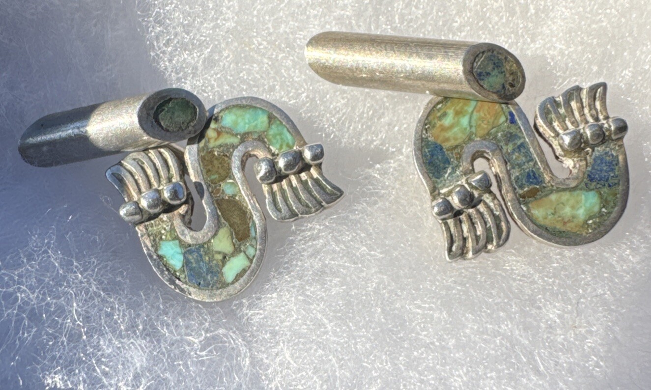 Vintage Los Castillo Sterling Silver Azteca Mosaico Swirl Cufflinks 50s 60s