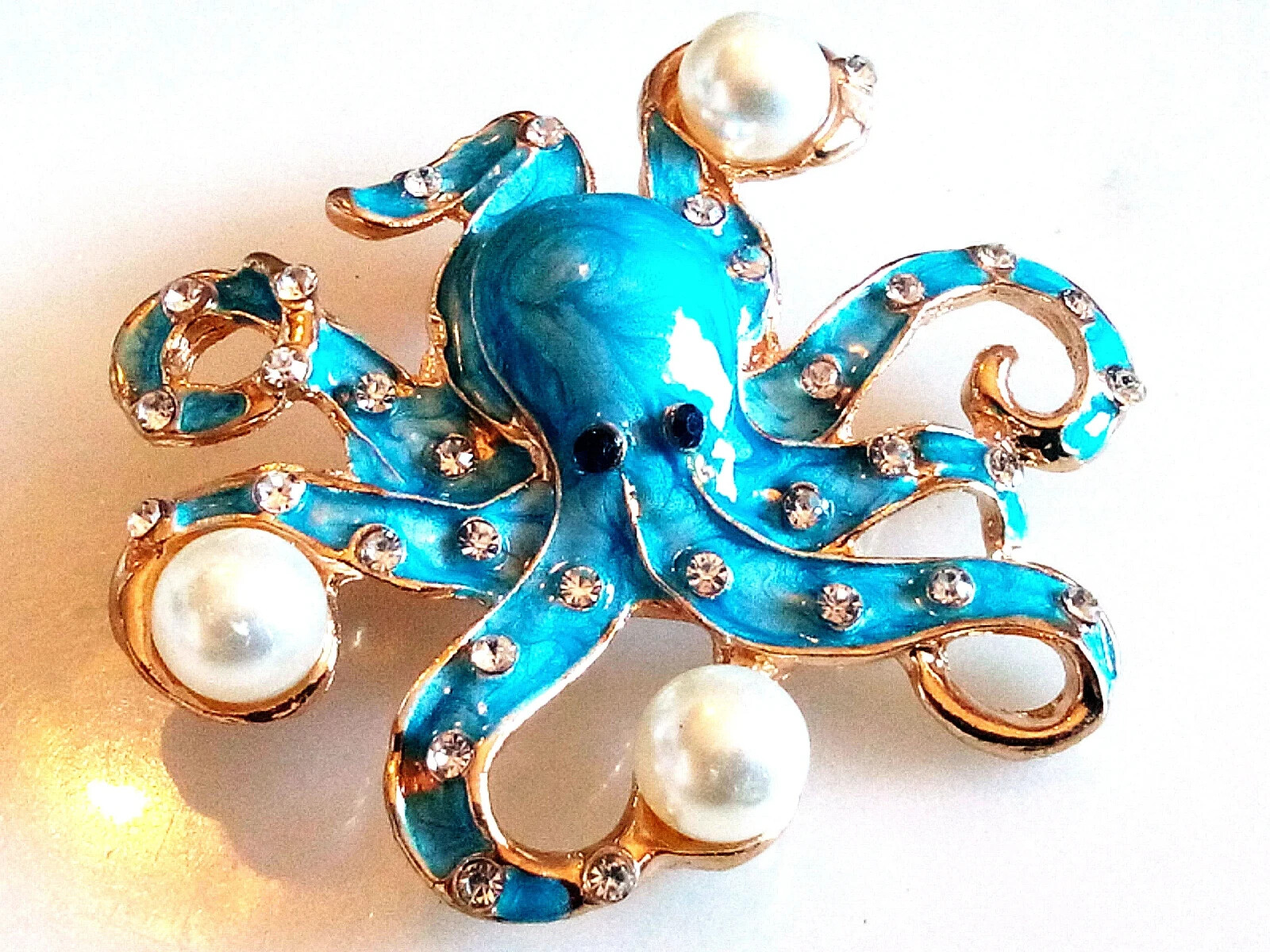 ENAMELED OCTOPUS BROOCH/PENDANT!Blue Enameled, Clear Crystals, Imitation Pearls