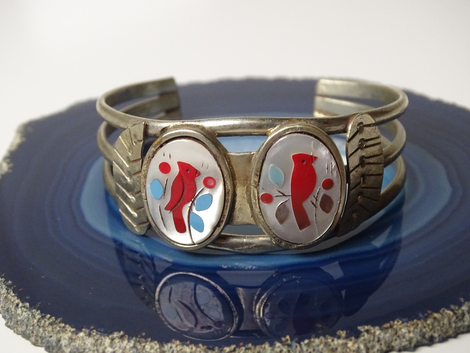 Vintage Mexican Alpaca Silver MOP Red Cardinal Bird Mosaic Cuff Bracelet 5.75