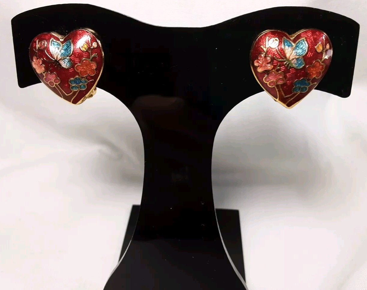 Earring Gold Tone Cloisonne Red Pink Blue Puff Heart Floral Butterfly Clip Vtg