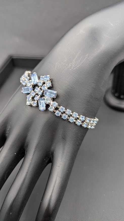 Vintage Rhinestone Bracelet Earrings Set Blue Crystal Silver Tone