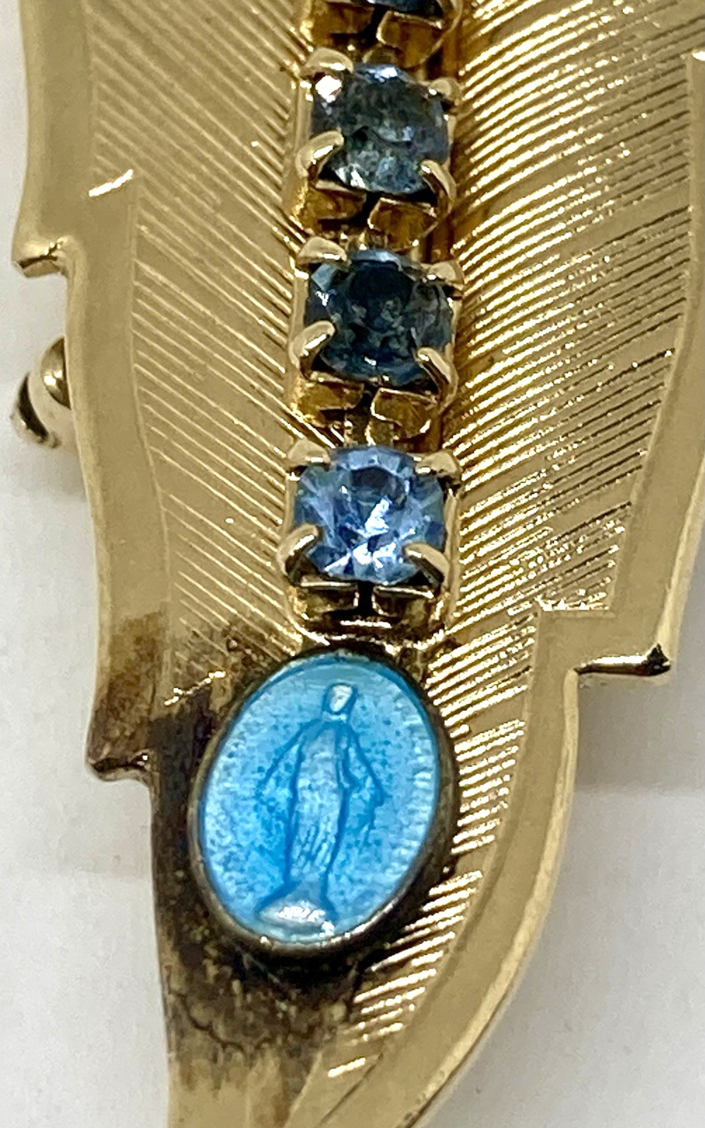 VINTAGE Gold tone LEAF Rhinestone Brooch with Blue Saint, Catholic/Religious Pin