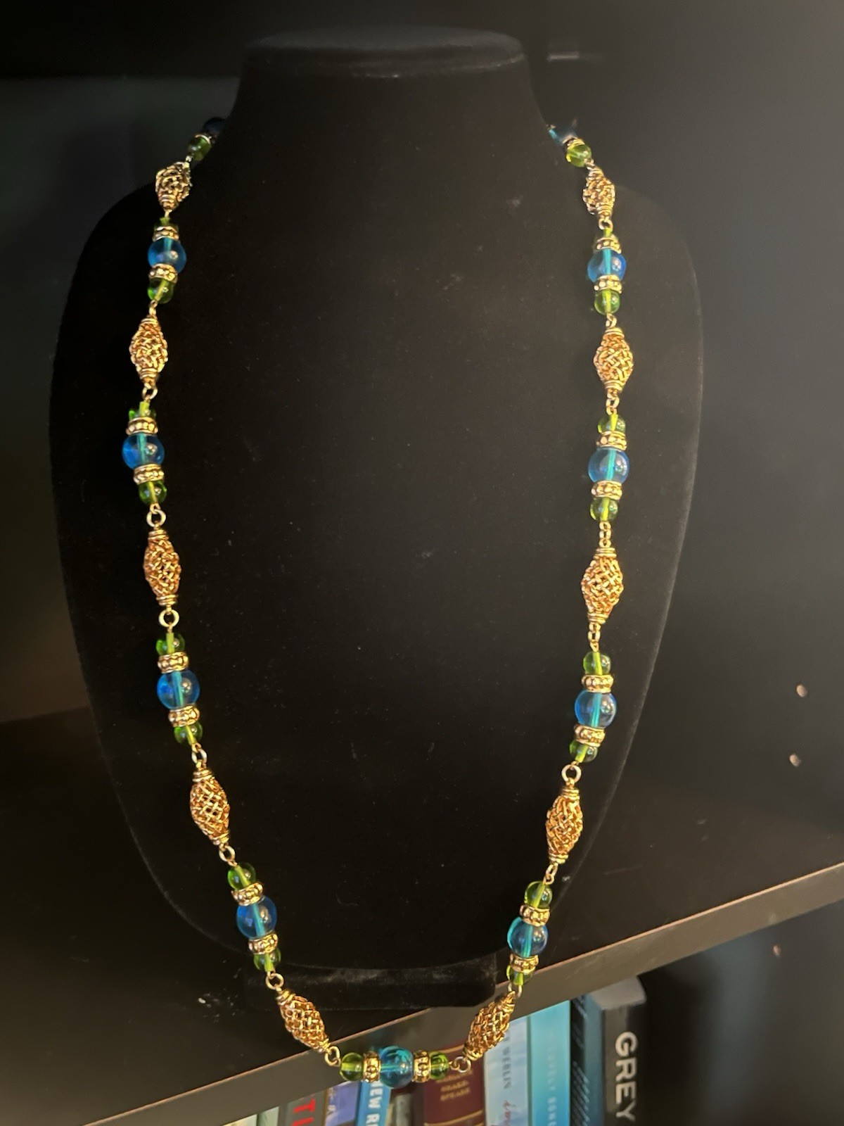 Sandra Miller Burrows(SMB) Gold-tone Filigree Necklace with Blue and Green Beads