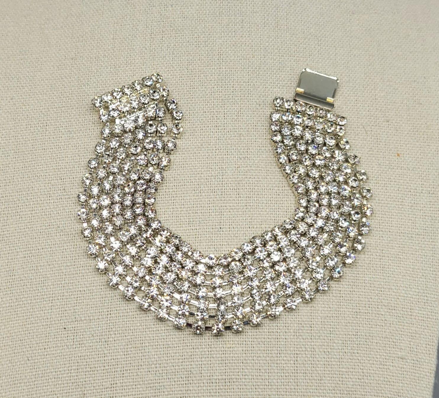 Vintage Silver Tone 7 Multi-strand Layered Clear Rhinestone Wrap Bracelet B1A