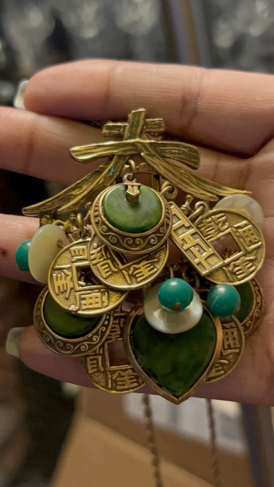 Vtg ART Arthur Pepper Asian Revival Charm Necklace Faux Jade Chinese Coin