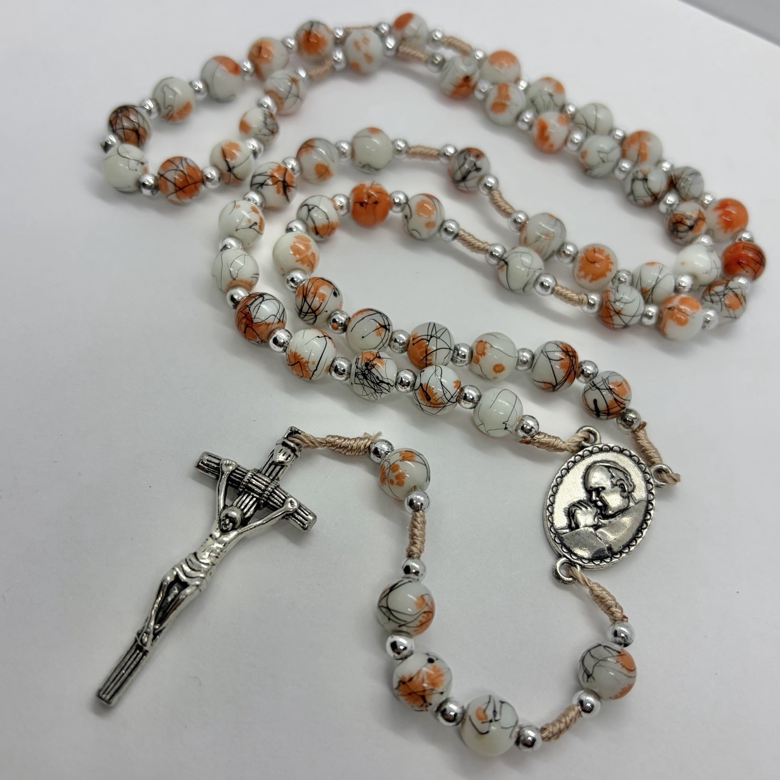 Vtg Catholic Religious Orange Rosary Glass Beads Necklace Silvertone Prayer