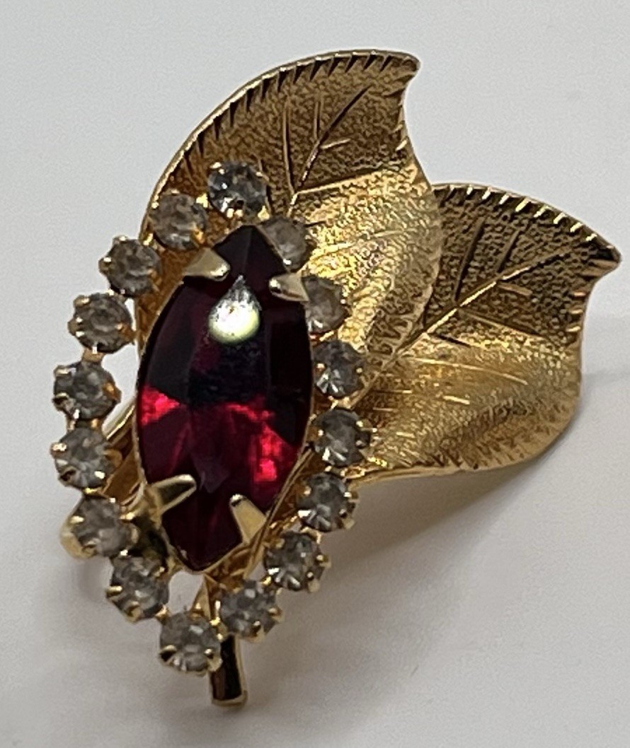 Vintage Rhinestone Clip On Earrings Gold Tone Leaf Vibrant Red And Clear Stones