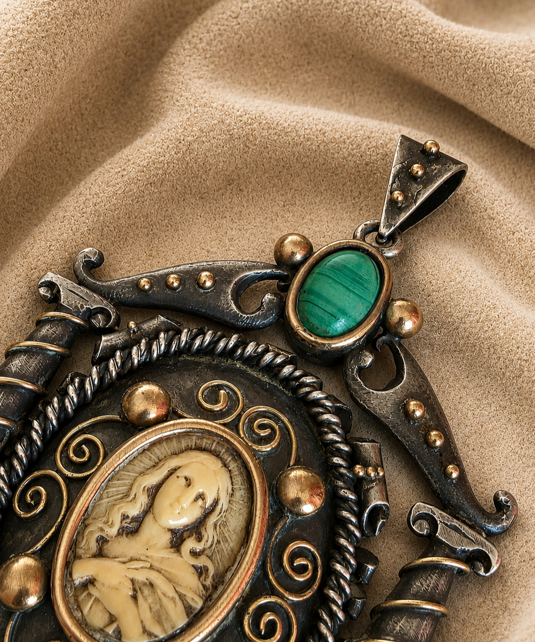 Antique Gold Silver Religious Pendant Virgin Mary Malachite Large Rare