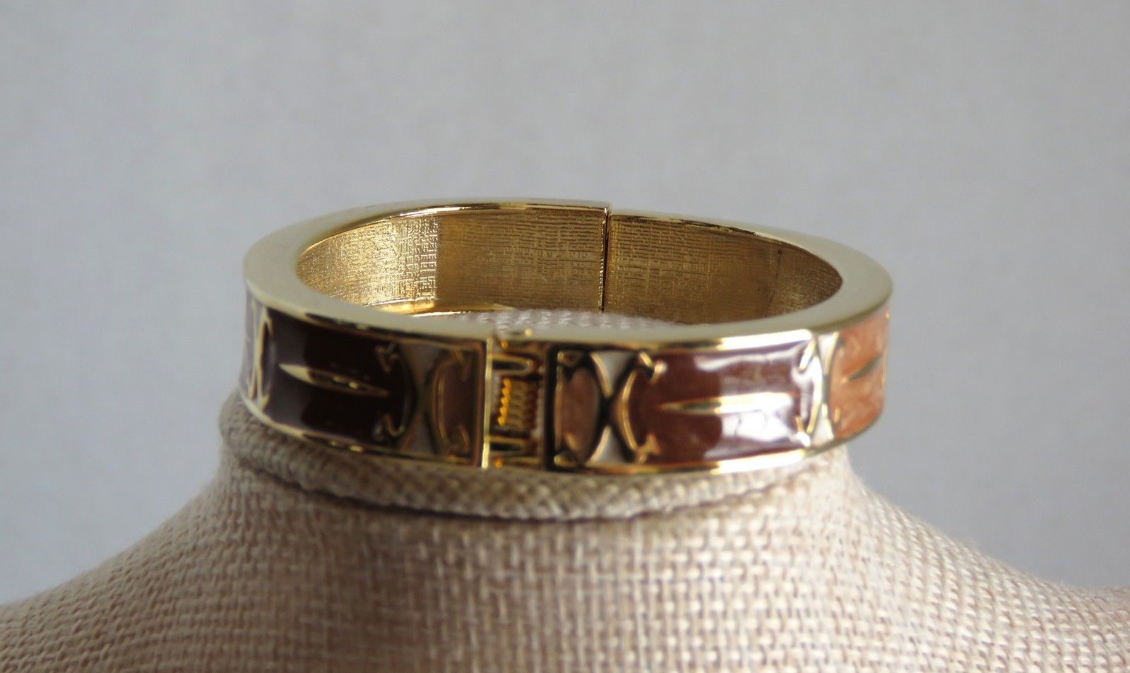 Bracelet Hinged Cuff Gold Tone with Brown Tan Cream Enamel Retro