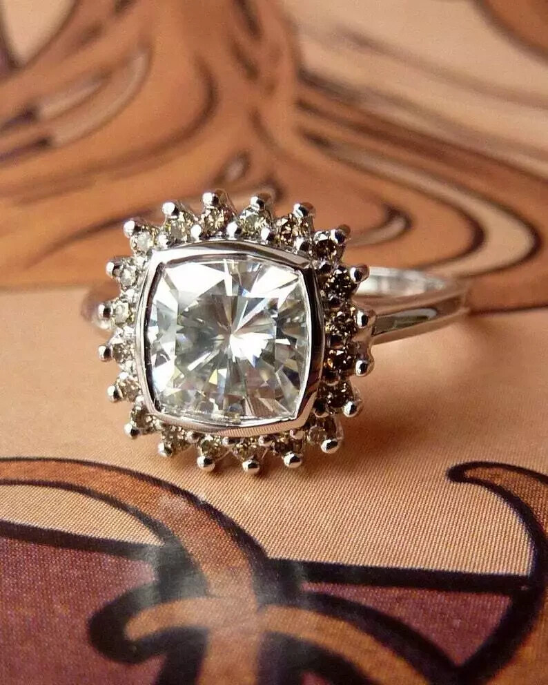 Art Deco 1.2Ct Cushion Cut Lab Created Diamond 14K White Gold FN Engagement Ring