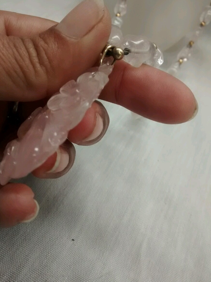 Stunning antique art deco Chinese carved rose quartz 14k gold beads necklace