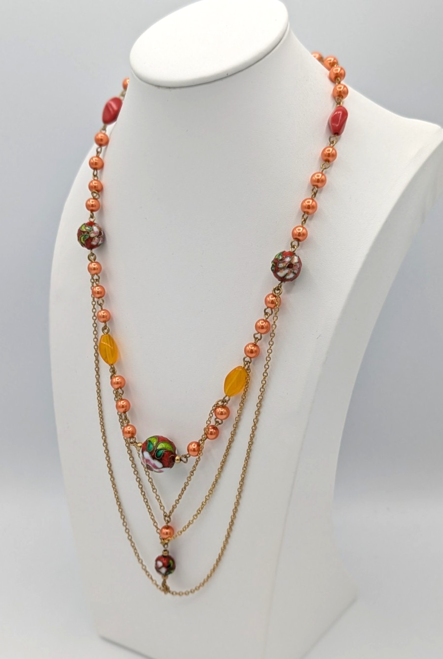 Cloisonne Beaded Festoon Necklace Floral Peach Orange Multi layered Gold Chains