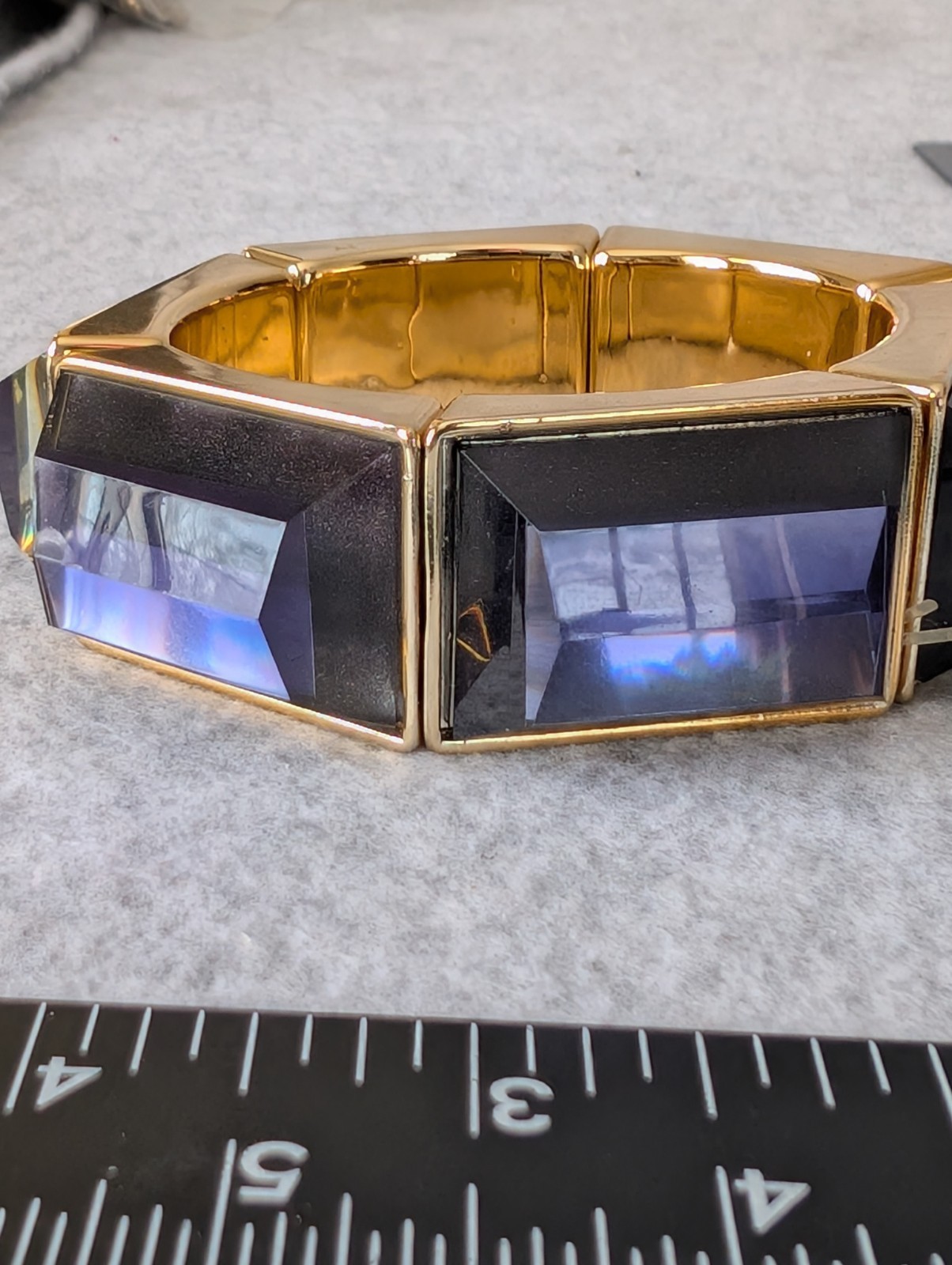 Large Gemstone Faux Amethyst Acrylic Faceted Cuff Bracelet Stretch Gold Tone