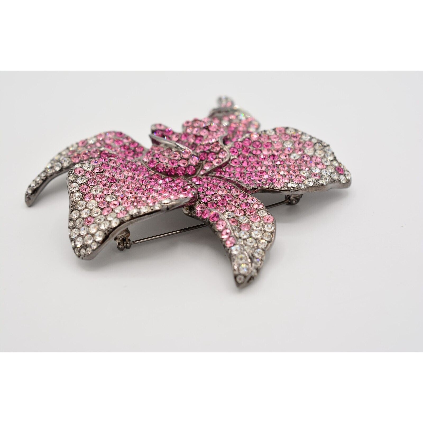 PJM Crystal Flower Brooch Pin 4″ Rhinestone Pink Gunmetal Vintage Signed BinV