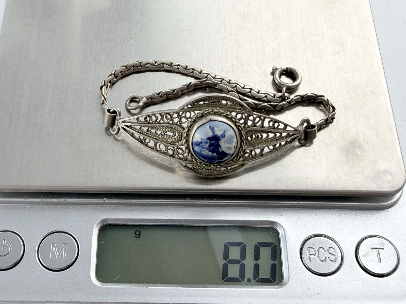 Vintage 800 Silver Filigree Blue Delft Dutch Porcelain Windmill Bracelet 7.25 In