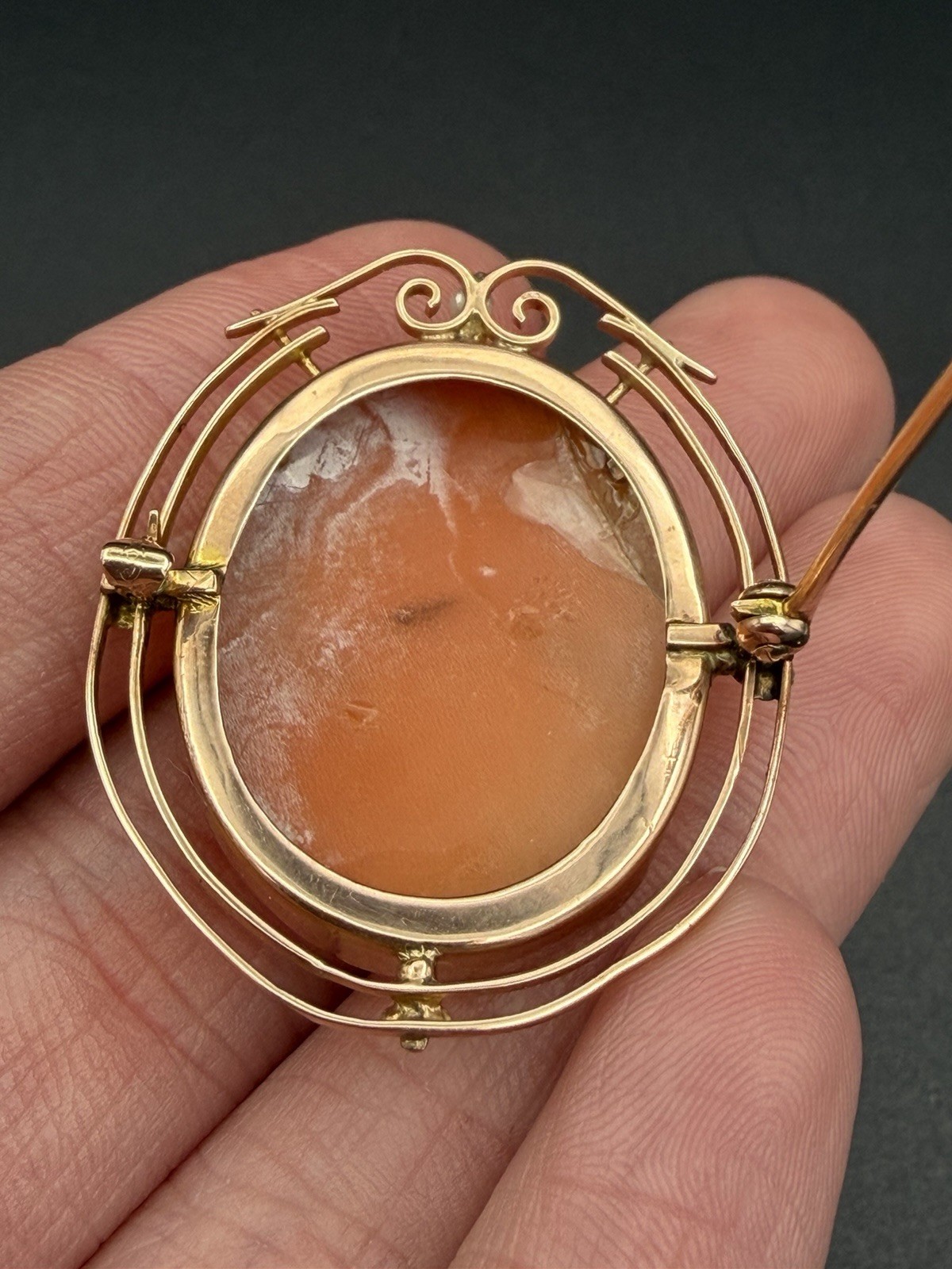 Antique Edwardian 10K Gold Carved Shell Cameo Brooch Seed Pearl Goddess Psyche