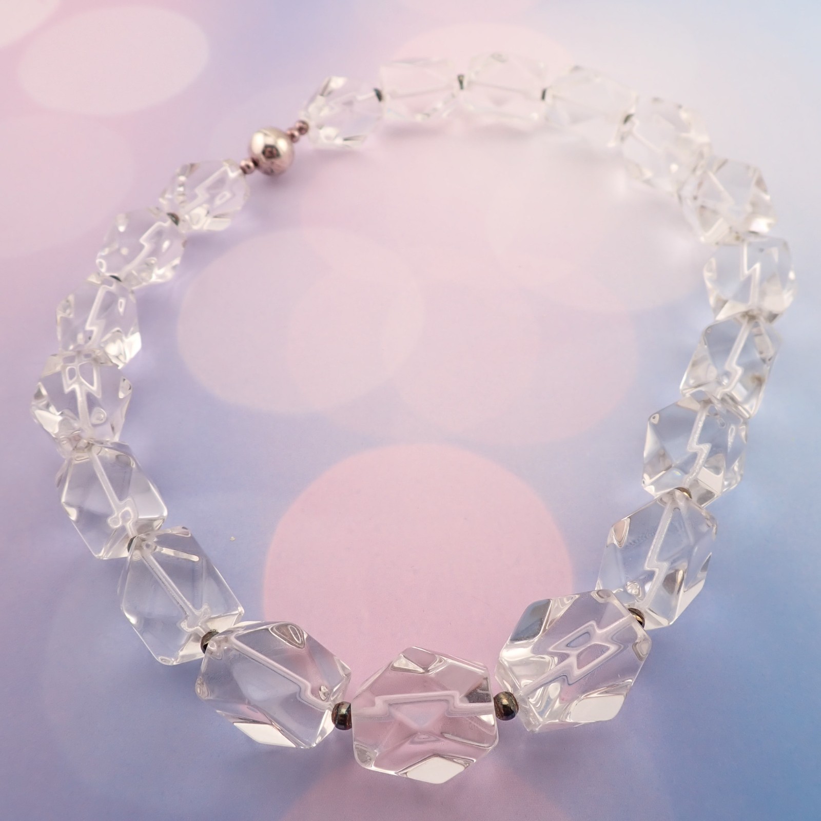 Chunky Ice Glass Faceted Bead Sterling Silver Magnetic Clasp 18″ Necklace by PV