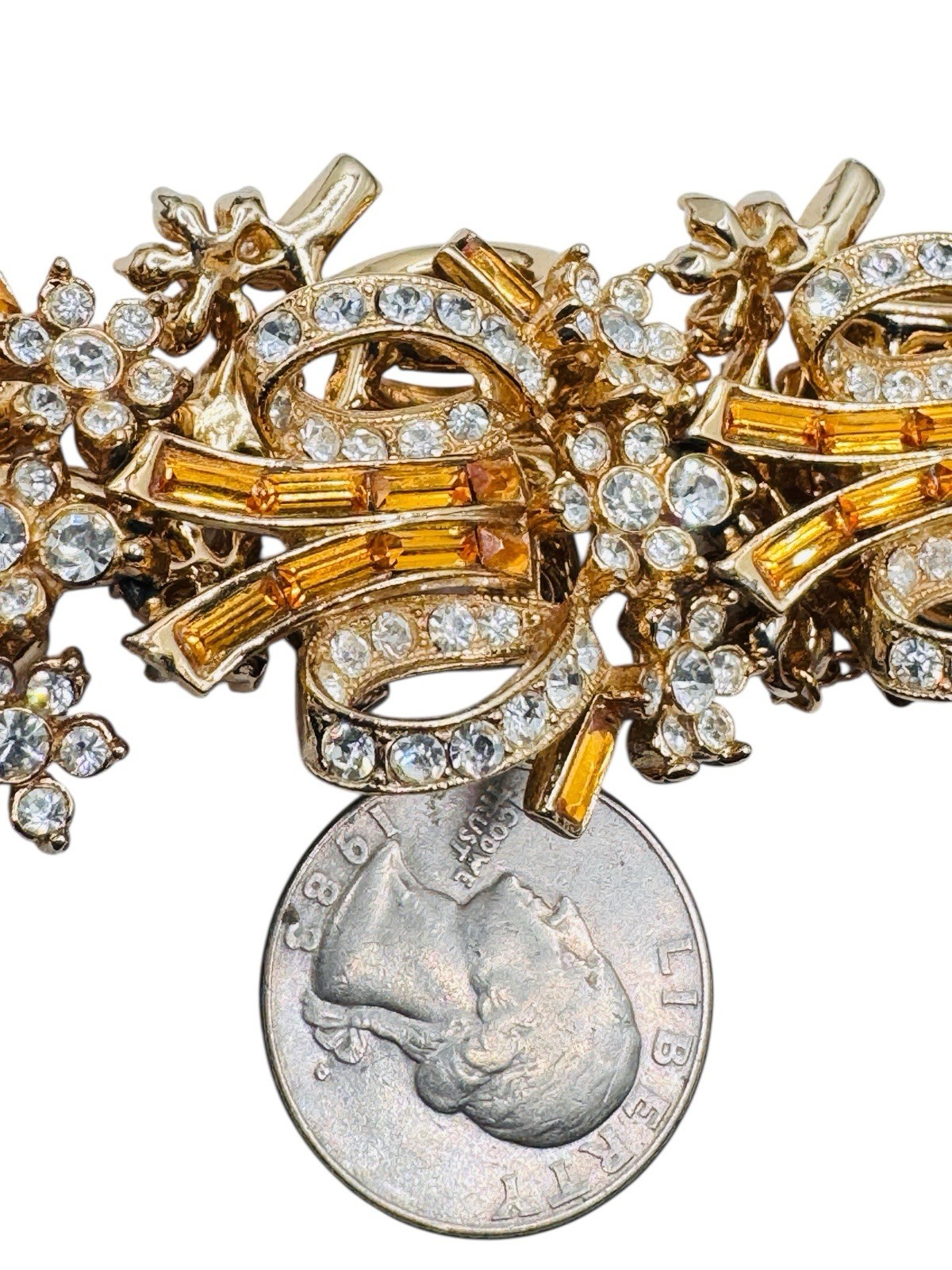Vintage ORA Topaz Baguette Rhinestone Bracelet Stunning Ribbons & Flowers