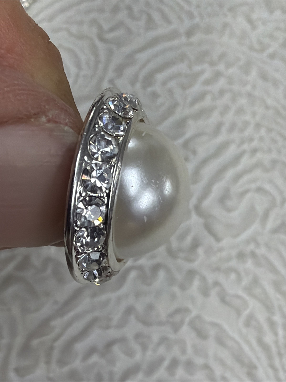 Vintage Large Dome Faux-Pearl Cabochon Encircled by a Halo of Clear Rhinestones