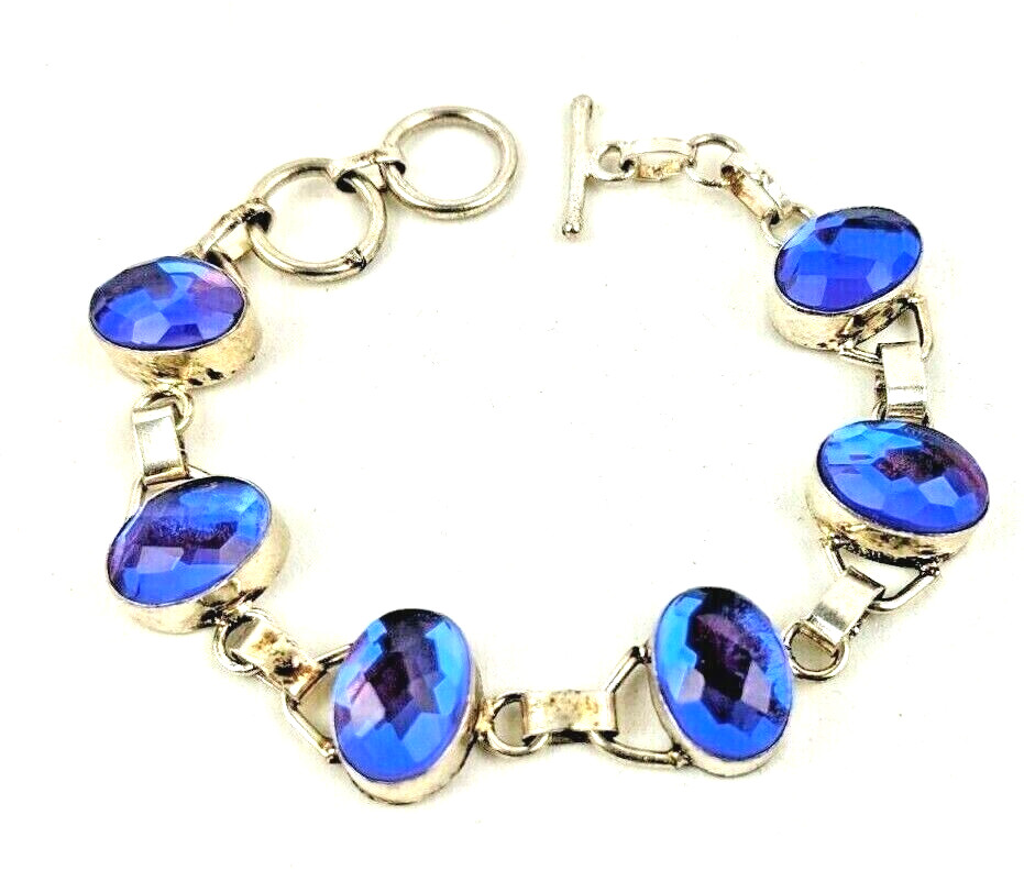 Sterling Silver Iridescent Purple Blue Faceted Stones Toggle Bracelet 7.5″ Adj