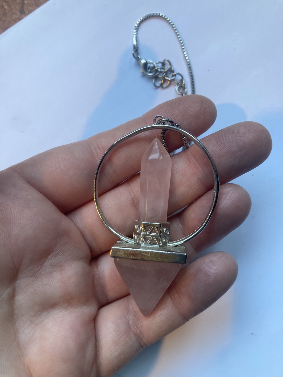 Large Rose Quartz Silver Tone Stone Necklace Clarity Beauty Peace Stunning